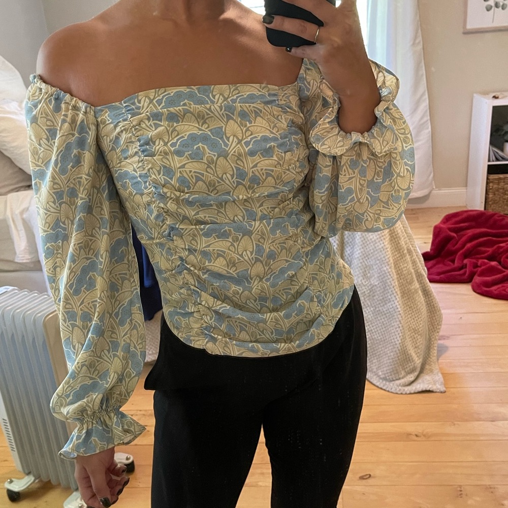 ROSE + OLIVE | Blue and Tan Rouged Blouse